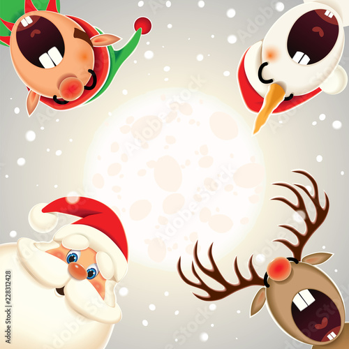 Santa Claus,Reindeer,Snowman and Elf singing Christmas carol in the snow scene and moon on the background