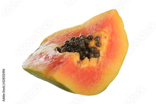slice of pawpaw with seeds isolated on white background