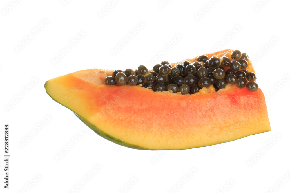 slice of pawpaw with seeds isolated on white background slice of pawpaw with seeds isolated on white background