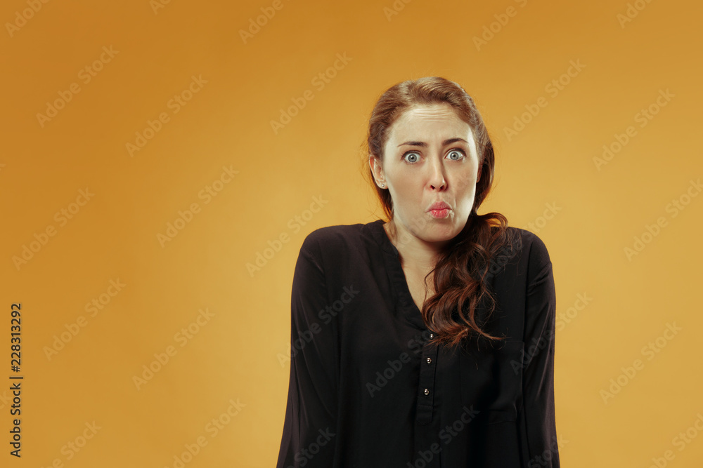 Why is that. Beautiful female half-length portrait isolated on trendy studio backgroud. Young emotional surprised, frustrated and bewildered woman. Human emotions, facial expression concept. Why is that. Beautiful female half-length portrait isolated on trendy studio backgroud. Young emotional surprised, frustrated and bewildered woman. Human emotions, facial expression concept.