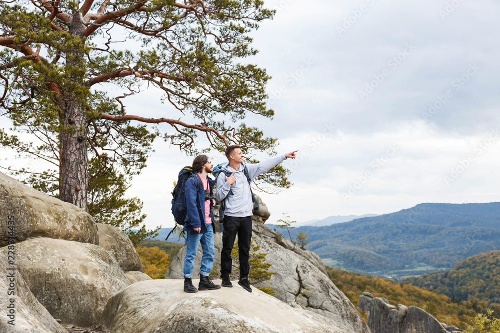 Two young hipster travellers with backpacks staying on the rocks and admiring of the forest views, blonde young man showing something to his bearded friend, travelling concept