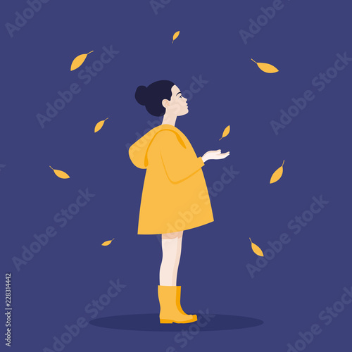 A little girl in a profile stands under a leaf fall. Children and autumn. Vector flat illustration