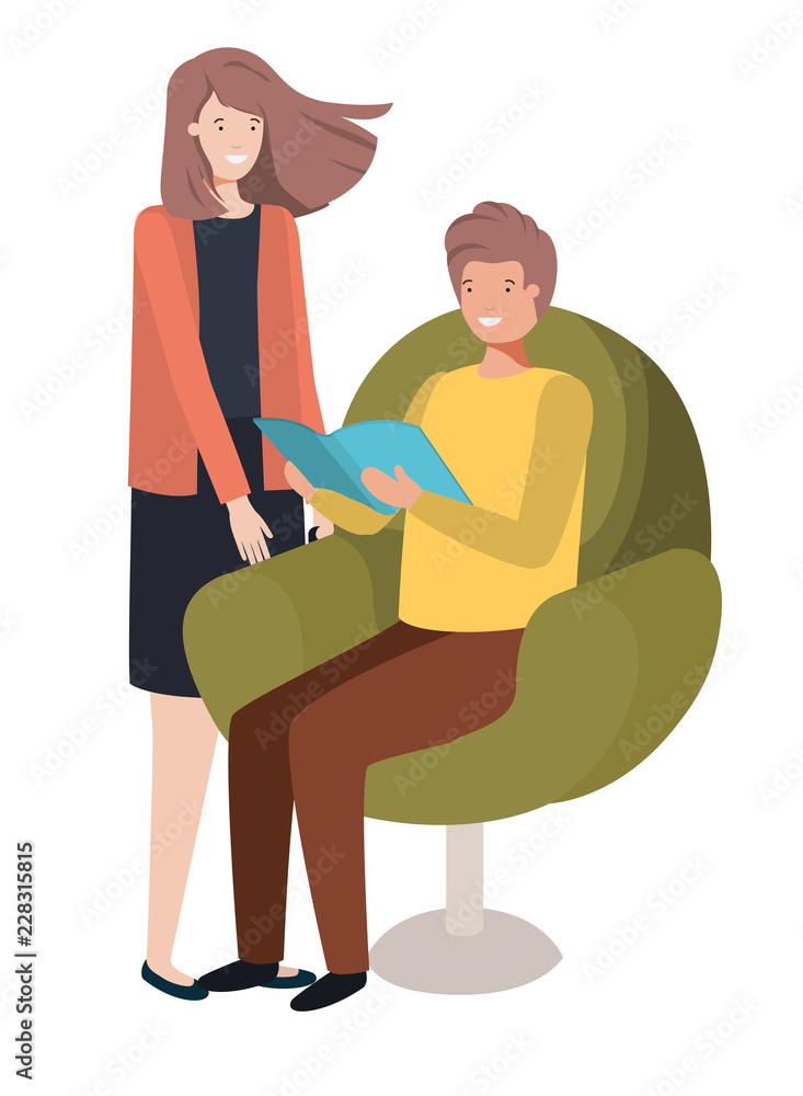 couple sitting in sofa with book avatar character couple sitting in sofa with book avatar character