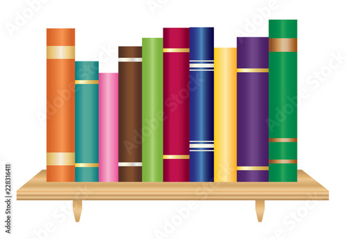 Colorful set of books on wooden bookshelf