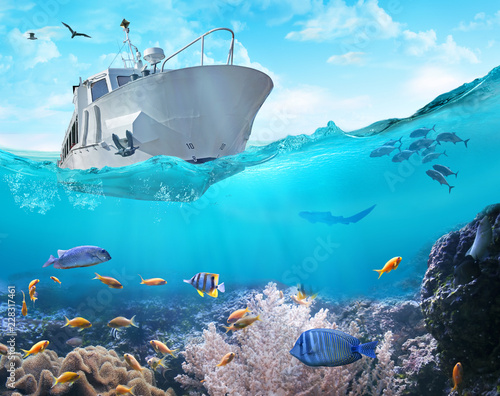 Small fishing boat in the ocean. 3D illustration. © silvae
