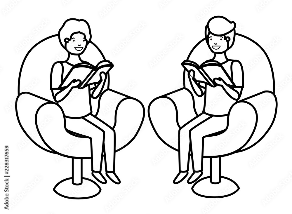 men sitting in sofa with book avatar character
