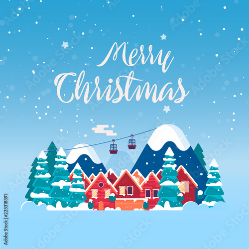 Cartoon snow home and rural cottages set.