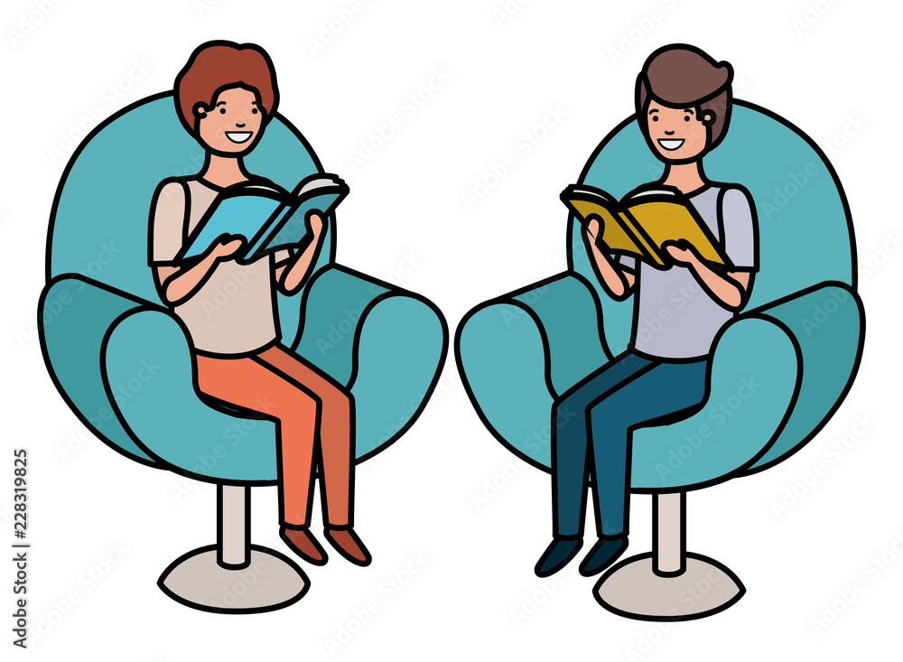 men sitting in sofa with book avatar character men sitting in sofa with book avatar character