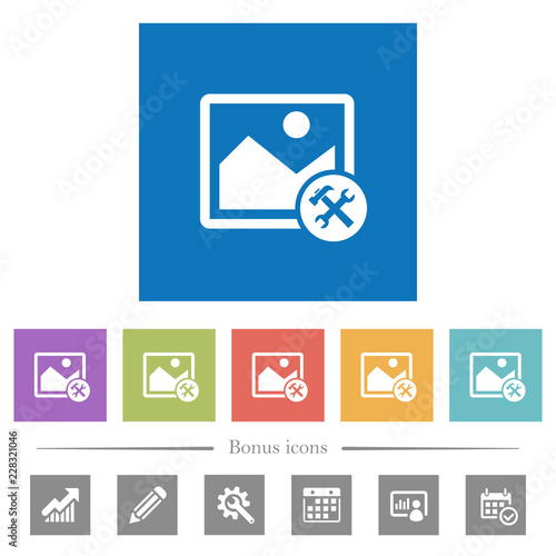 Image tools flat white icons in square backgrounds