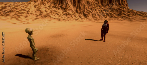 Extremely detailed and realistic high resolution 3d illustration feauturing a Grey Alien on a Mars like planet photo