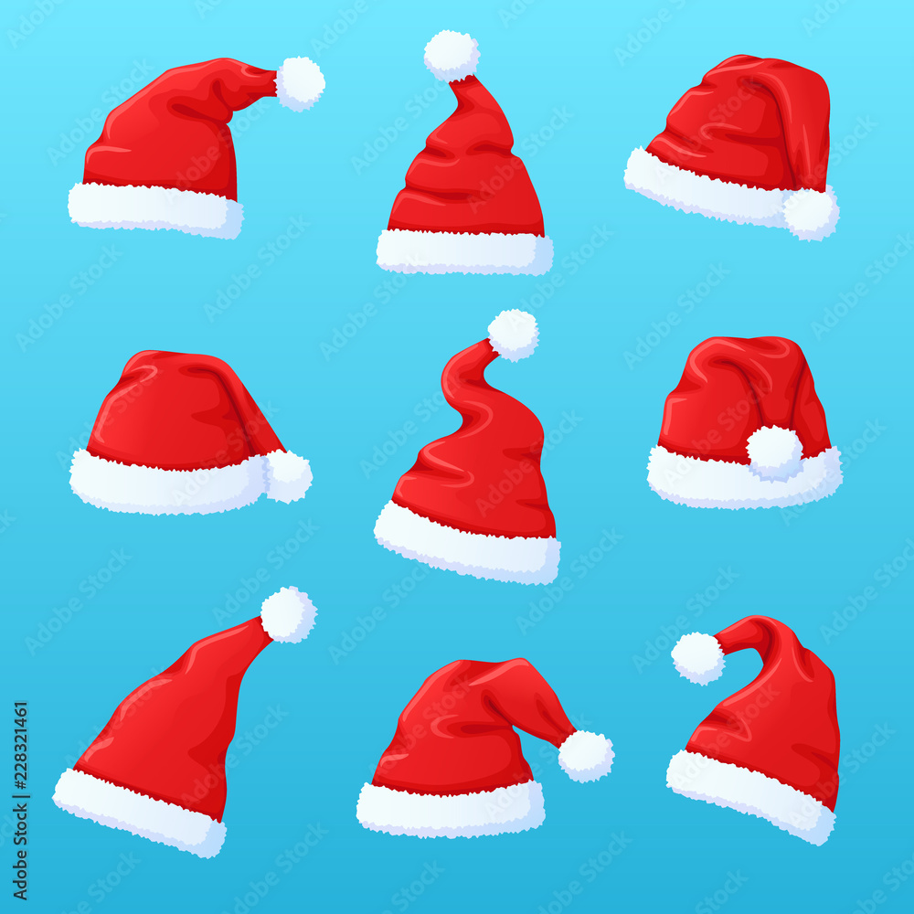 Set of red Santa Claus hat, New Year cap. Red hat with white pompon. Christmas clothes, holiday symbol. Vector illustration in flat style. Set of red Santa Claus hat, New Year cap. Red hat with white pompon. Christmas clothes, holiday symbol. Vector illustration in flat style.