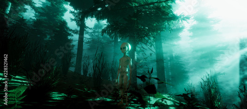 Extremely detailed and realistic high resolution 3d illustration of a Grey Alien standing in a forest