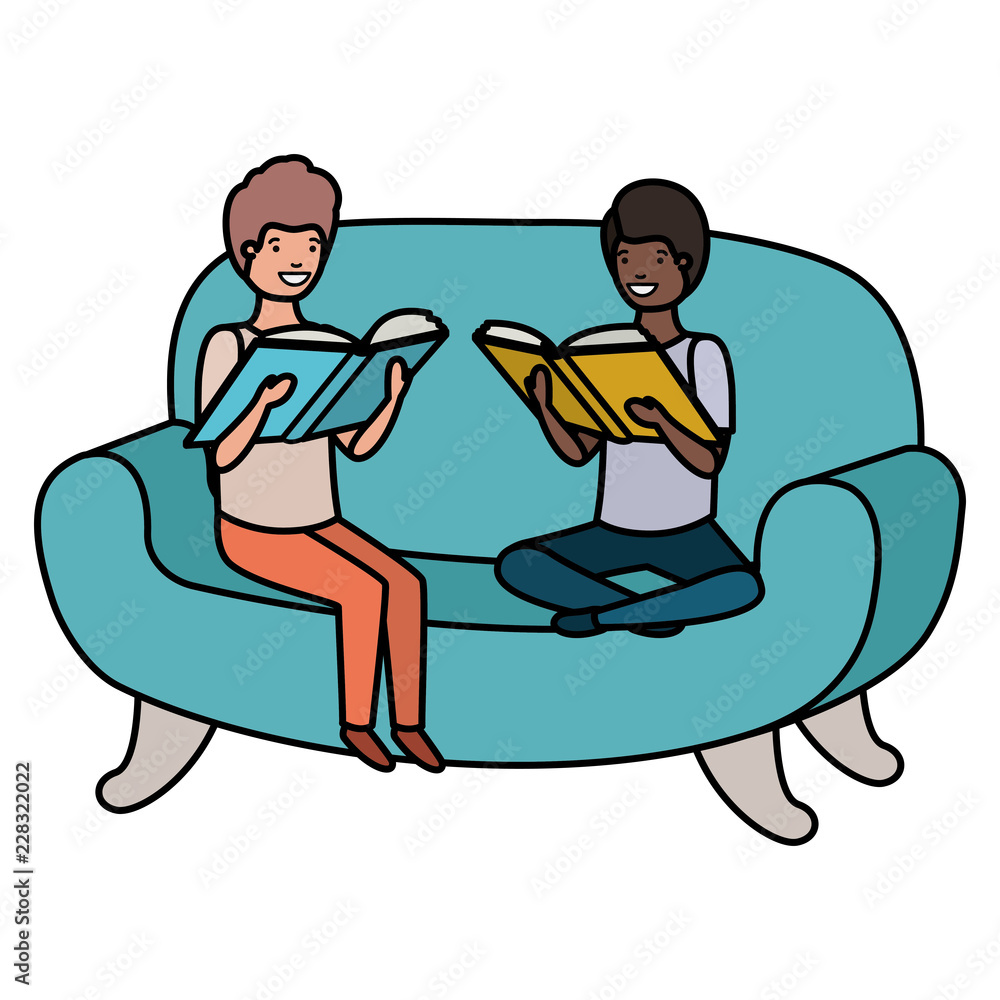 men sitting in sofa with book avatar character men sitting in sofa with book avatar character