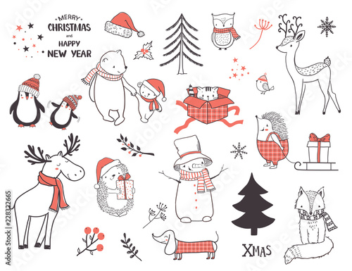 Cute christmas animals and elements set