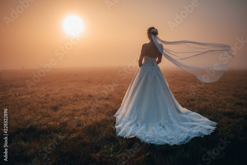 Bride, warm sunrise, misty autumn morning