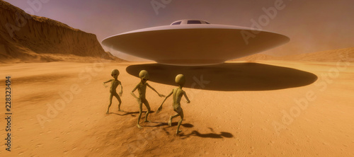 Extremely detailed and realistic high resolution 3d illustration feauturing 3 dancing Grey Aliens on a Mars like planet