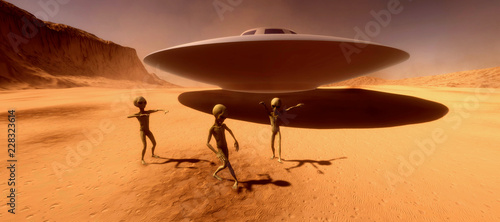 Extremely detailed and realistic high resolution 3d illustration feauturing 3 dancing Grey Aliens on a Mars like planet