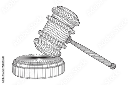 Gavel, hammer of judge or auctioneer. Wireframe low poly mesh vector illustration