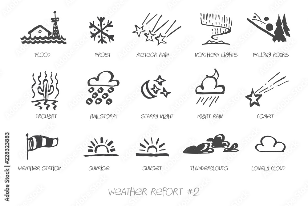 Weather Report hand drawn vector icon set 