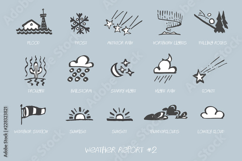 Weather Report hand drawn vector icon set 