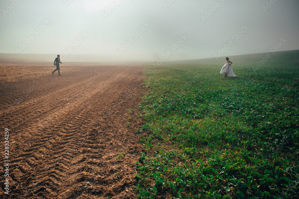 Obraz premium Wedding couple running against each other in autumn field. Happy, funny couple photo