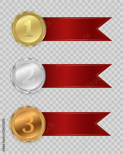 Set of gold, bronze and silver. Winner award competition, prize medal and banner for text. Award medals isolated on transparent background. Vector illustration of winner concept.
