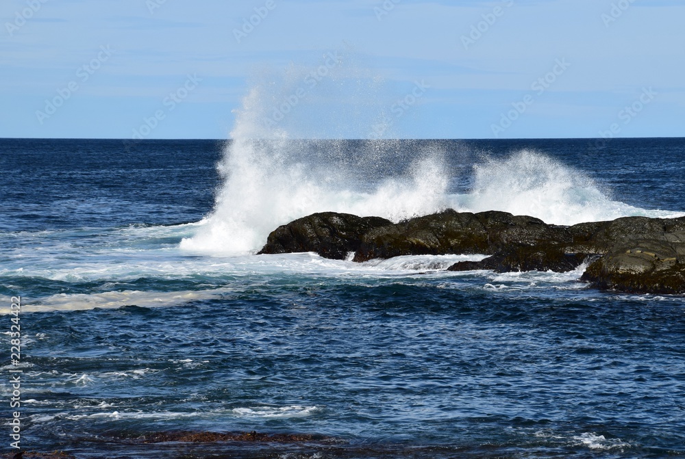 wave hitting a rock in the ocean making a big splash wave hitting a rock in the ocean making a big splash