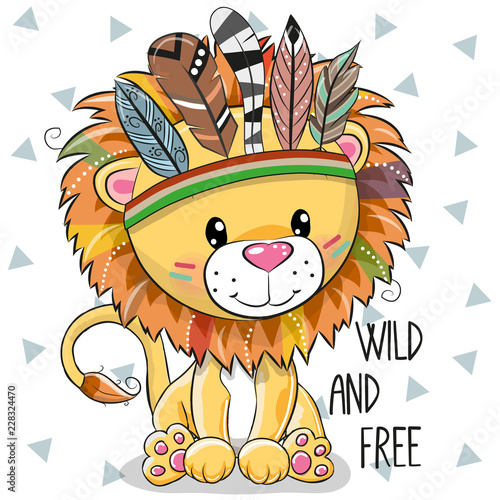 Cute Cartoon tribal Lion with feathers