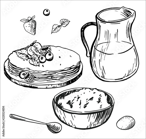 Russian pancakes. A set of pancakes and products for cooking, drawn by hand with ink and pen. Vector