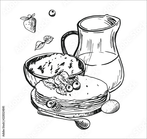 Russian pancakes. A set of pancakes and products for cooking, drawn by hand with ink and pen. Vector
