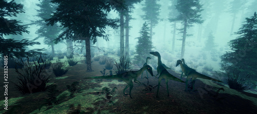 Extremely detailed and realistic high resolution 3d illustration of a Compsognathus Dinosaur in the forest.