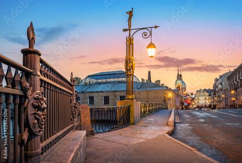 Решетка Летнего сада и фонарь на Пантелеймоновском мосту в Санкт-Петербурге lattice of the Summer Garden and a lantern