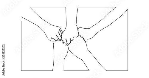 Animation of continuous line drawing of hands of team bumping fists together