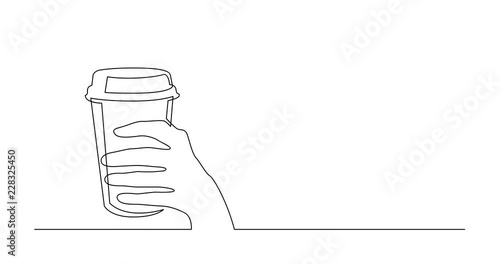 Animation of continuous line drawing of hand holding cup of coffee with lid