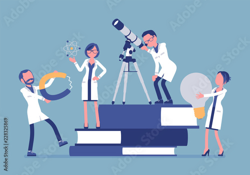 Scientists group researching with tools, near giant books