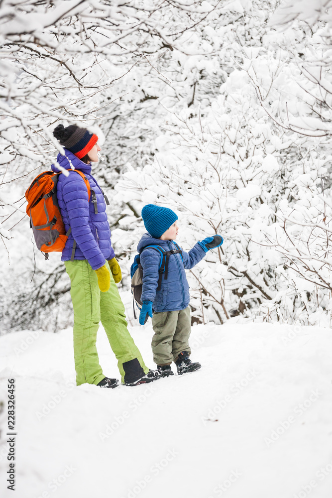 Woman walks with her son over the snow-covered forest.