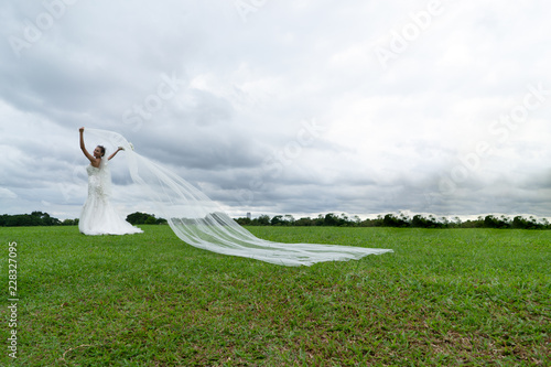 Bilde på lerret Beautiful bride disentangle veil over the ground