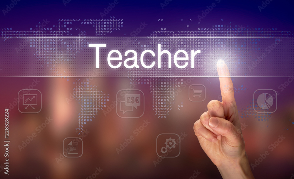 A hand selecting a Teacher business concept on a clear screen with a colorful blurred background.