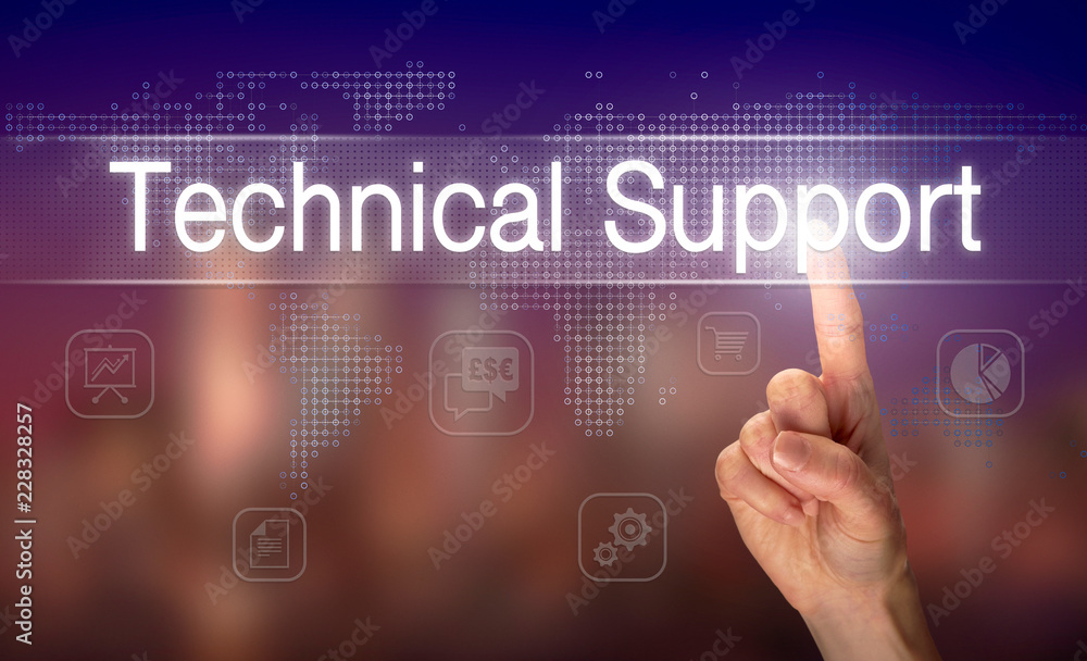 A hand selecting a Technical Support business concept on a clear screen with a colorful blurred background. A hand selecting a Technical Support business concept on a clear screen with a colorful blurred background.