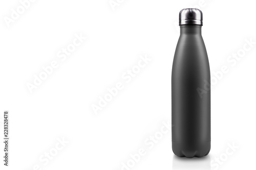 Black-matte, empty stainless thermo water bottle close-up isolated on white background. Studio photography photo
