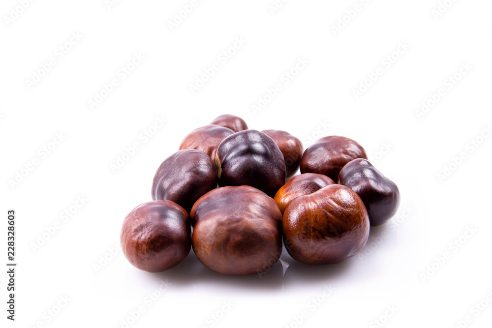 Many Brown Chestnuts - Isolated On White Background Many Brown Chestnuts - Isolated On White Background