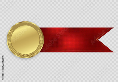 Champion medails with red ribbon. Banner. Winner award competition, prize medal and banner for text. Award medals isolated on transparent background. Vector illustration of winner concept. photo