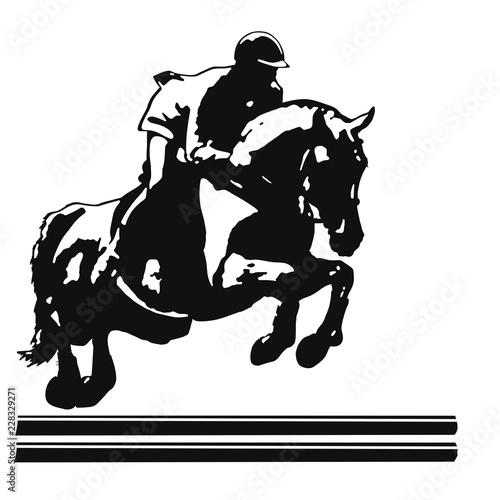 A rider and horse jumping over an obstacle in a contour light.
