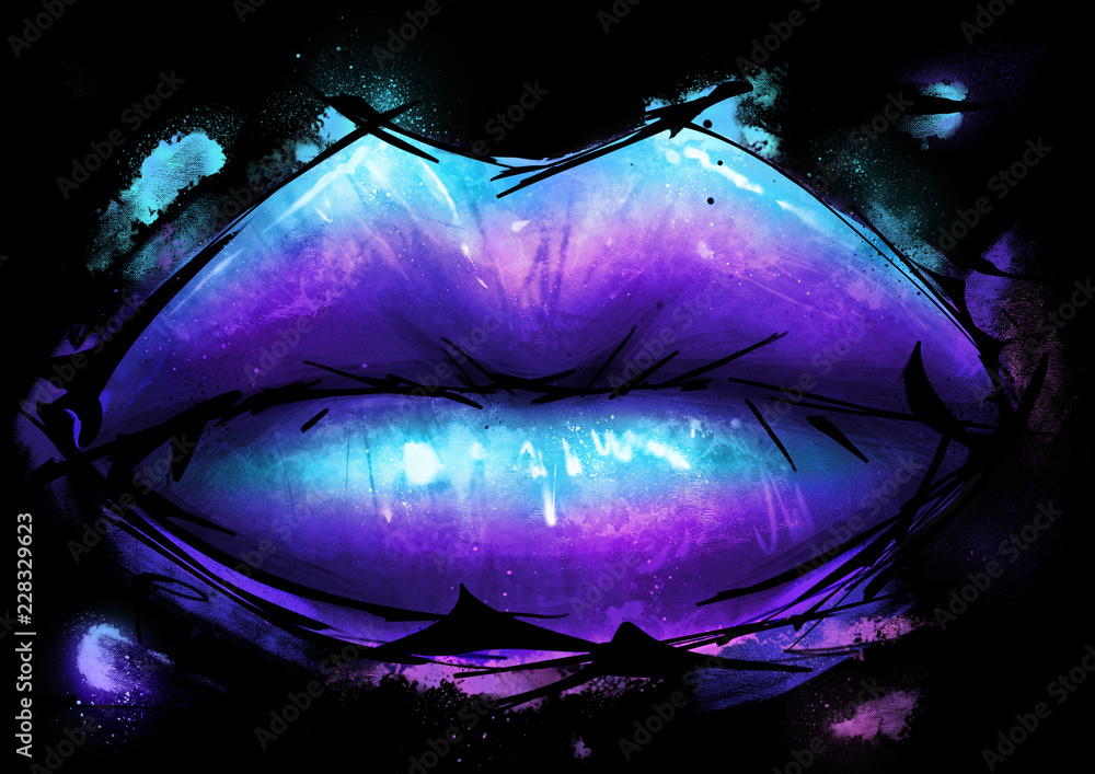Lips in artistic colored paint style in freedom color palette with glare  shine beauty in neon sexy glow Stock Photo | Adobe Stock