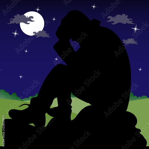 Night landscape  a sad man sitting on a stone  silhouette on a dark background with the moon and stars 