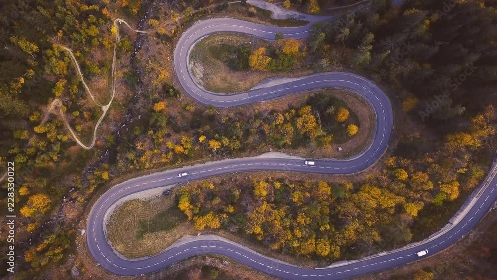 cars driving on serpentine in autumn forest, zoom out by drone, top view cars driving on serpentine in autumn forest, zoom out by drone, top view