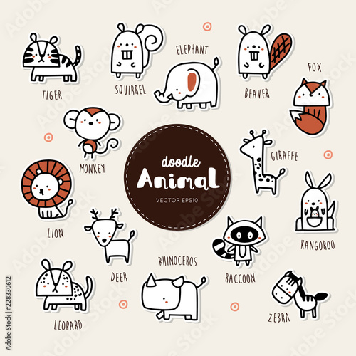 Collection of hand draw Animal icon doodle style.
