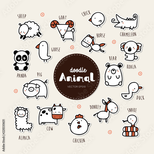 Collection of hand draw Animal icon doodle style.
