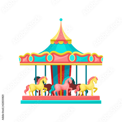 Carousel with horses, amusement park element vector Illustration on a white background