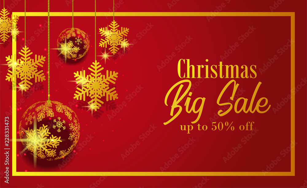Christmas big sale banner template with illustration of  golden ball snowflake decoration